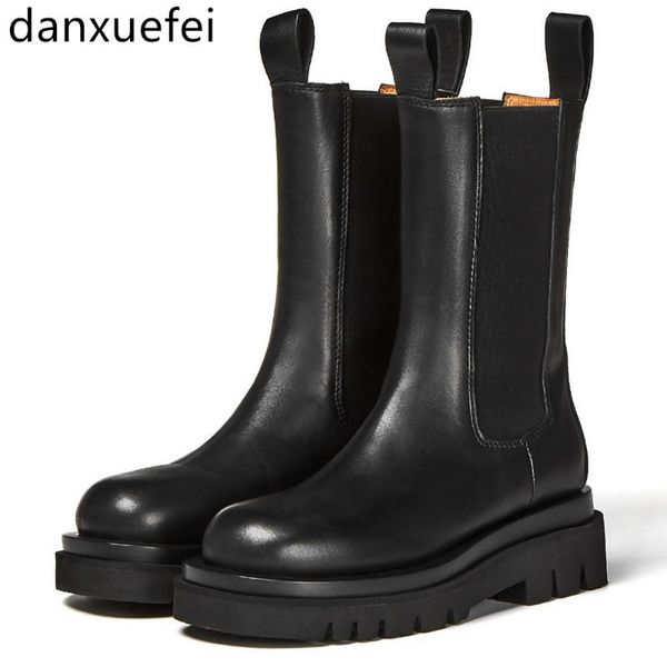 women's genuine leather elastic patchwork slip-on platform flats mid-calf boots thick sole punk autumn motorcycle boots shoes, Black
women's genuine leather elastic patchwork slip-on platform flats mid-calf boots thick sole punk autumn motorcycle boots shoes, Black