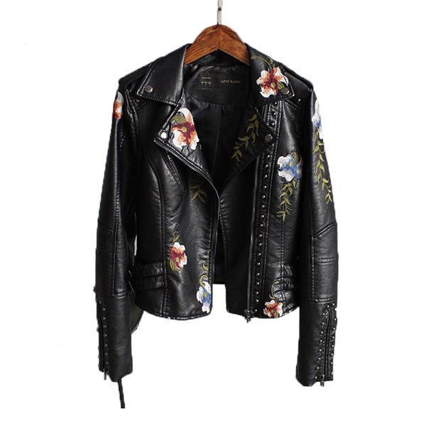 women's leather & faux spring autumn women jacket lady floral embroidery fashion coat turn-down collar motorcycle pu female fm009, Black
women's leather & faux spring autumn women jacket lady floral embroidery fashion coat turn-down collar motorcycle pu female fm009, Black