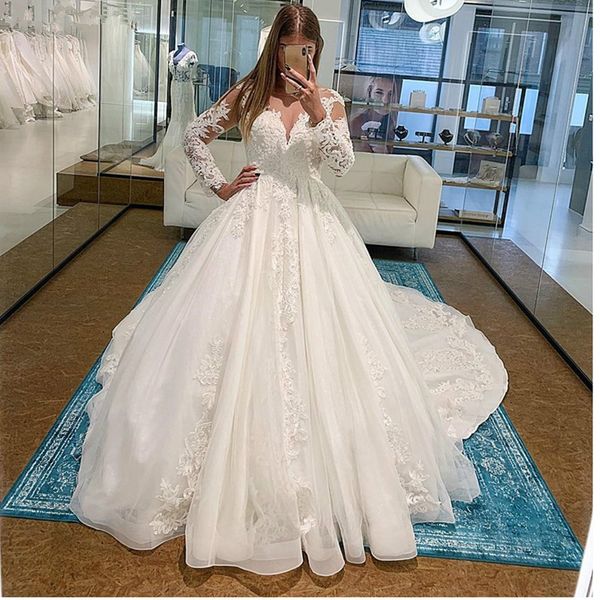 long sleeve wedding dresses gorgeous long train flower appliqued lace a line see through back bridal gowns vestidos de noiva, White
long sleeve wedding dresses gorgeous long train flower appliqued lace a line see through back bridal gowns vestidos de noiva, White