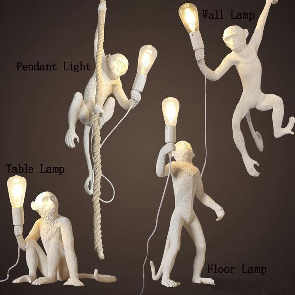 

modern monkey hemp rope pendant light fashion simple art nordic resin seletti hanging monkey lamp white/black ing