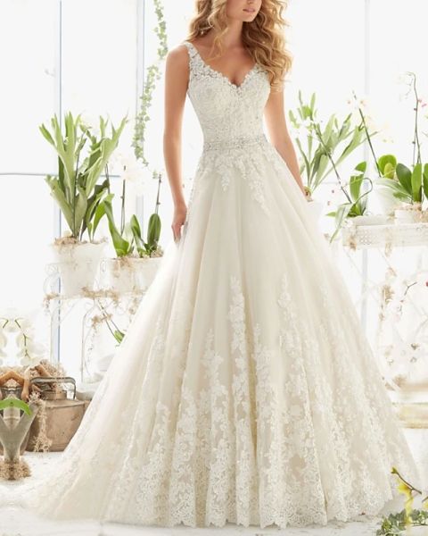 a-line wedding dresses v neck court train lace regular straps with crystals beading appliques, White
a-line wedding dresses v neck court train lace regular straps with crystals beading appliques, White