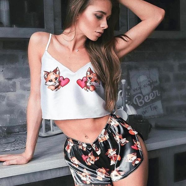 love printing cute cartoon pattern pajama sets women v neck satin spaghetti strap shorts pijama sleepwear lingerie, Black;red
love printing cute cartoon pattern pajama sets women v neck satin spaghetti strap shorts pijama sleepwear lingerie, Black;red