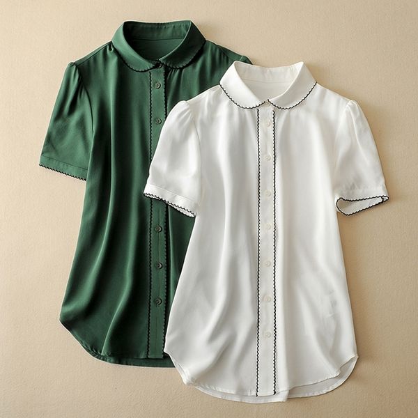 contrast color wavy doll silk shirt women's short sleeve doll collar loose transparent mulberry silk shirt summer, White
contrast color wavy doll silk shirt women's short sleeve doll collar loose transparent mulberry silk shirt summer, White