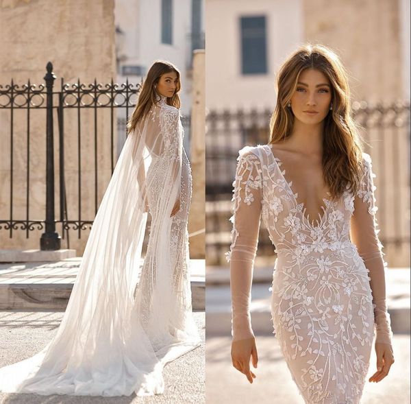 sheer long sleeve berta mermaid wedding dresses with high neck cape floral appliques open back beach bridal gown robe de marie, White
sheer long sleeve berta mermaid wedding dresses with high neck cape floral appliques open back beach bridal gown robe de marie, White