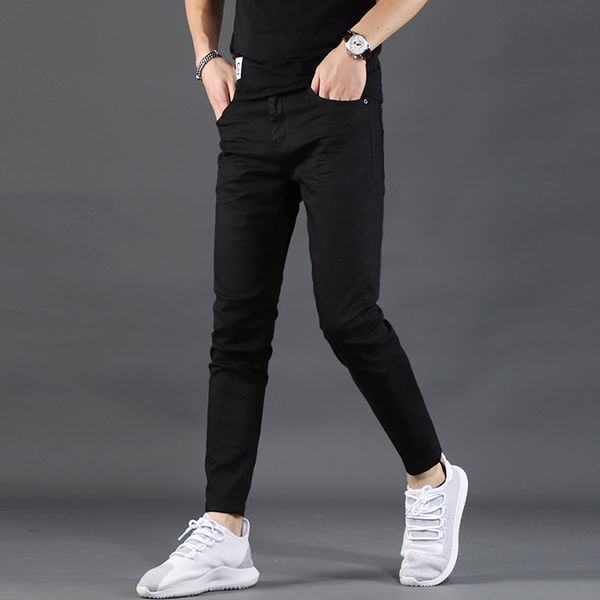 2020 summer thin pure black jeans men's ankle-length pants fashion slim fit stretch jean, Blue
