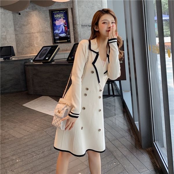 french 2019 summer and autumn new dress polo collar double-breasted contrast color high waist knitted long sleeve dress, Black;gray
french 2019 summer and autumn new dress polo collar double-breasted contrast color high waist knitted long sleeve dress, Black;gray