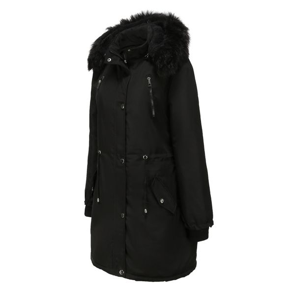 c71 women's cotton padded jacket medium length large size hood detachable winter warm plush coat, Black
c71 women's cotton padded jacket medium length large size hood detachable winter warm plush coat, Black