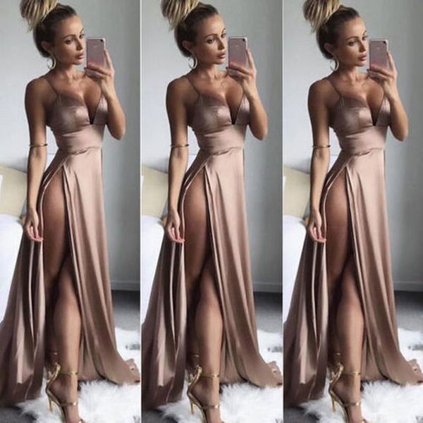 summer women fashion dress v neck slit dresses strappy deep pure color party new formal long maxi dress, Black;gray
summer women fashion dress v neck slit dresses strappy deep pure color party new formal long maxi dress, Black;gray