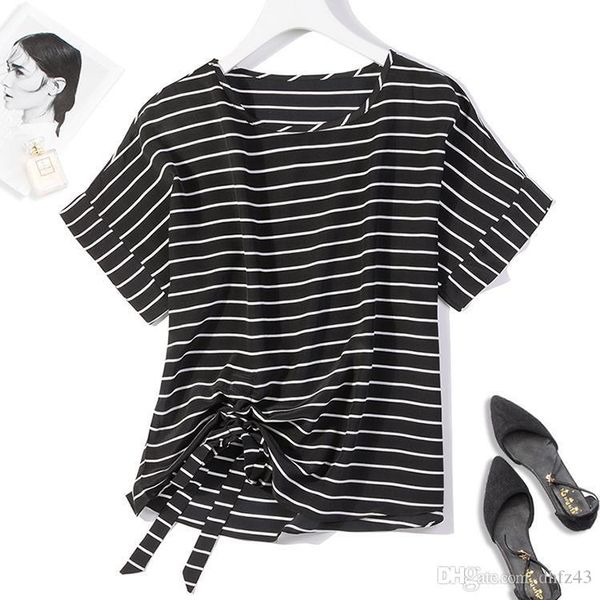 women's 100% pure silk shirt blouse round neck short sleeves tied bottom black stripes jn208, White
women's 100% pure silk shirt blouse round neck short sleeves tied bottom black stripes jn208, White