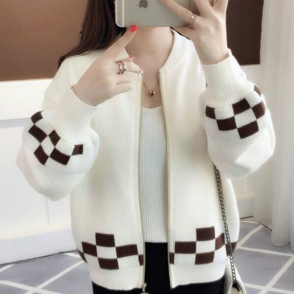 kintted cardigan women o neck lantern sleeve sweater coat with zipper spring autumn warm jacket, White;black
kintted cardigan women o neck lantern sleeve sweater coat with zipper spring autumn warm jacket, White;black