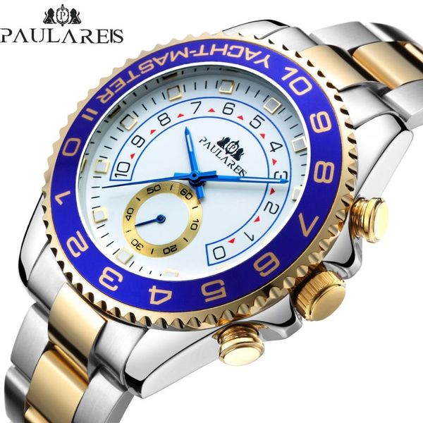 men automatic self wind mechanical stainless steel strap casual yellow gold silver blue bezel master business watch, Slivery;brown
men automatic self wind mechanical stainless steel strap casual yellow gold silver blue bezel master business watch, Slivery;brown