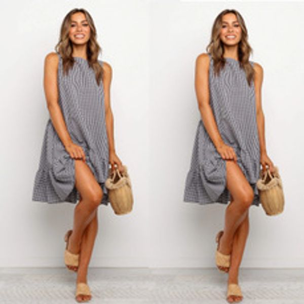 2020 summer elegant women's sleeveless plaid round neck ruffled dress, Black;gray
2020 summer elegant women's sleeveless plaid round neck ruffled dress, Black;gray
