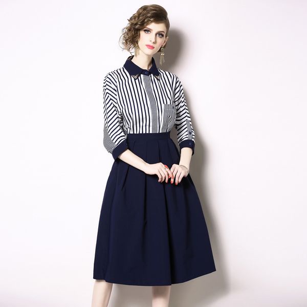 2019 autumn clothing lapel 7 part cuff bag single row buckle stripe shirt + half-body a a-line skirt, White
2019 autumn clothing lapel 7 part cuff bag single row buckle stripe shirt + half-body a a-line skirt, White