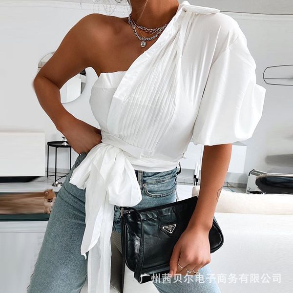 wepbel new women's one lantern sleeve shoulder strap shirts t shirt solid color summer new fashion, White
wepbel new women's one lantern sleeve shoulder strap shirts t shirt solid color summer new fashion, White