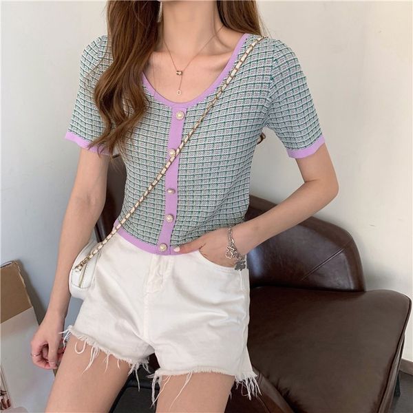 korean style summer new design style plaid round sweater neck contrast color single-breasted short sleeve sweater women's top, White;black
korean style summer new design style plaid round sweater neck contrast color single-breasted short sleeve sweater women's top, White;black