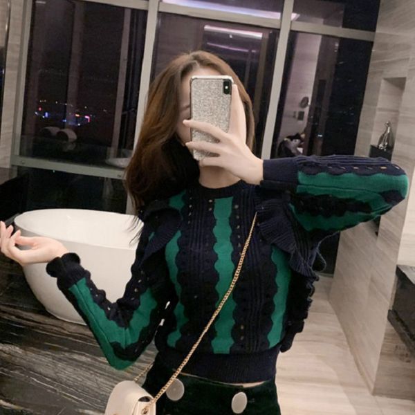women's sweaters korean black green striped patchwork women vintage elegant hollow out long sleeve sueter mujer short ruffles pullover, White;black
women's sweaters korean black green striped patchwork women vintage elegant hollow out long sleeve sueter mujer short ruffles pullover, White;black