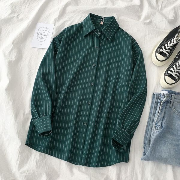 striped green blouse women vintage oversize turn-down collar long sleeve casual loose cardigan female fashion, White
striped green blouse women vintage oversize turn-down collar long sleeve casual loose cardigan female fashion, White