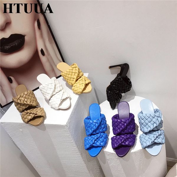 htuua star style women slippers soft leather weave female slides outside high heels mules sandals summer shoes woman sx4164, Black 
htuua star style women slippers soft leather weave female slides outside high heels mules sandals summer shoes woman sx4164, Black