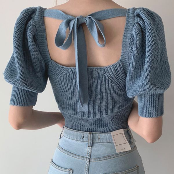 backless lace up knitted t shirts women korean chic square collar puff sleeve female summer 2020 casual slim tees, White;black
backless lace up knitted t shirts women korean chic square collar puff sleeve female summer 2020 casual slim tees, White;black