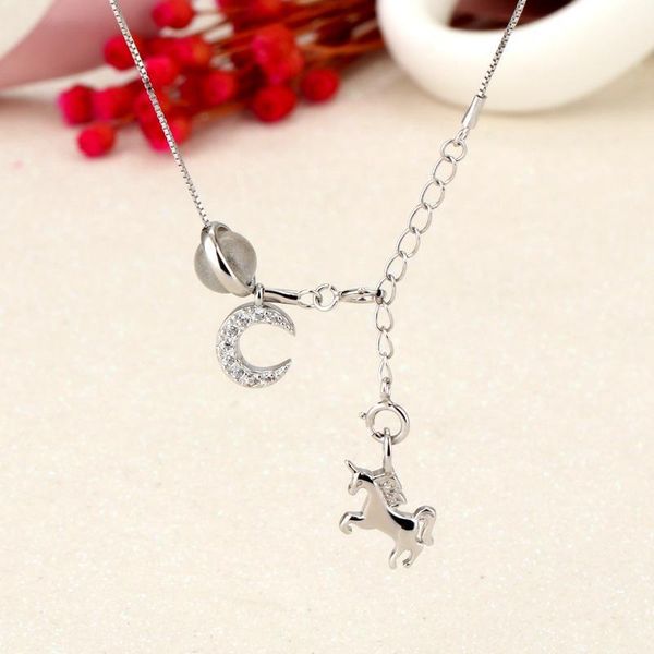 

s925 sterling silver multi-element fashion necklace female long tassel unicorn net red with the same temperament moon clavicle chain