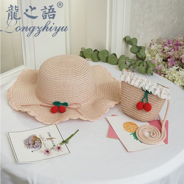 длинные чжиюй детская соломенная шляпа лето зонт ins милый маленький вишневый соломенная шляпа мешок родитель-ребенок костюм, Yellow