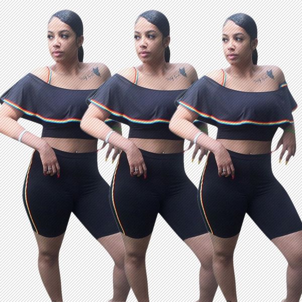 h8866 new popular rainbow shoulder strap ruffles casual european and american womens two-piece set, Gray
h8866 new popular rainbow shoulder strap ruffles casual european and american womens two-piece set, Gray