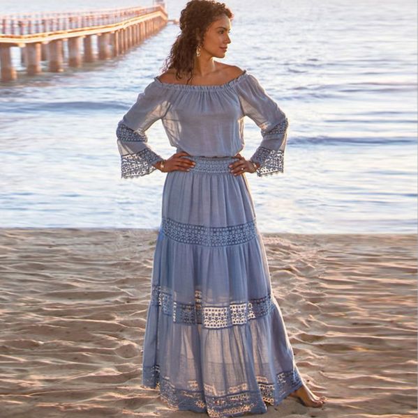 2020 women strapless long sleeve loose white beach dress off shoulder lace boho women maxi dress, Black;gray 
2020 women strapless long sleeve loose white beach dress off shoulder lace boho women maxi dress, Black;gray