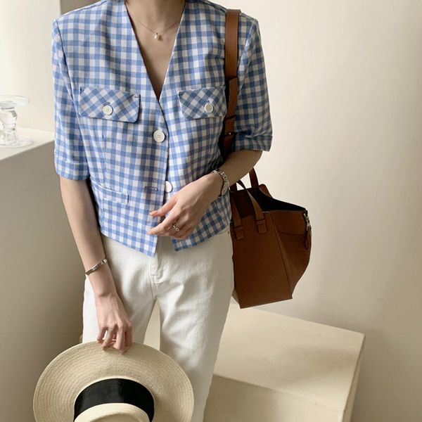 women summer blue plaid v neck short coat jacket thin outwear single breasted loose cardigan pockets, Black;brown
women summer blue plaid v neck short coat jacket thin outwear single breasted loose cardigan pockets, Black;brown