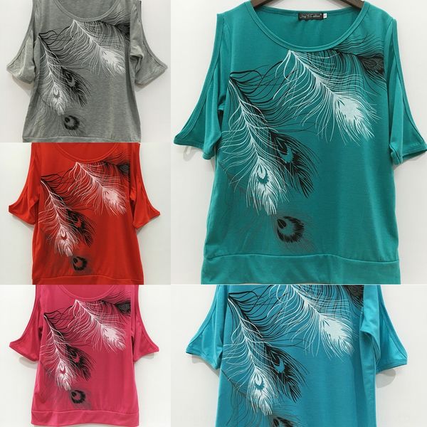 kzm2o new feather printed off-shoulder round neck large size short sleeve multicolor new feather printed off-shoulder round neck large size, White 
kzm2o new feather printed off-shoulder round neck large size short sleeve multicolor new feather printed off-shoulder round neck large size, White