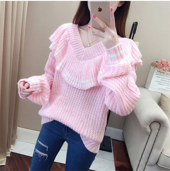2020 autumn and winter new korean style college style wild pullover sweater ruffles loose v-neck sweater female ins, White;black
2020 autumn and winter new korean style college style wild pullover sweater ruffles loose v-neck sweater female ins, White;black