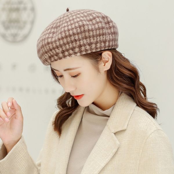 female korean style bird plaid wool beret female art painter bud painter beret hat pumpkin hat tide, Blue;gray 
female korean style bird plaid wool beret female art painter bud painter beret hat pumpkin hat tide, Blue;gray