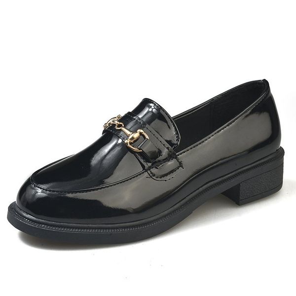 small leather shoes patent leather round toe single shoes women korean version british style metal buckle loafers, Black
small leather shoes patent leather round toe single shoes women korean version british style metal buckle loafers, Black