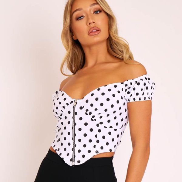 women's t-shirt cap fpuff sleeve zipper front crop tees women retro polka dots t-shirts off shoulder bandage, White
women's t-shirt cap fpuff sleeve zipper front crop tees women retro polka dots t-shirts off shoulder bandage, White