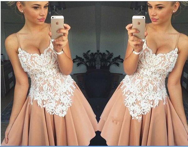 2020 elegant spaghetti straps satin a line short homecoming dresses lace applique knee length short party prom dresses, Red
2020 elegant spaghetti straps satin a line short homecoming dresses lace applique knee length short party prom dresses, Red