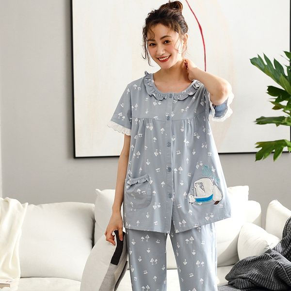 ig4lk korean style women's pajamas cardigan button cotton two-piece set thin large size flounced women's new home clothes button h, Blue;red
ig4lk korean style women's pajamas cardigan button cotton two-piece set thin large size flounced women's new home clothes button h, Blue;red