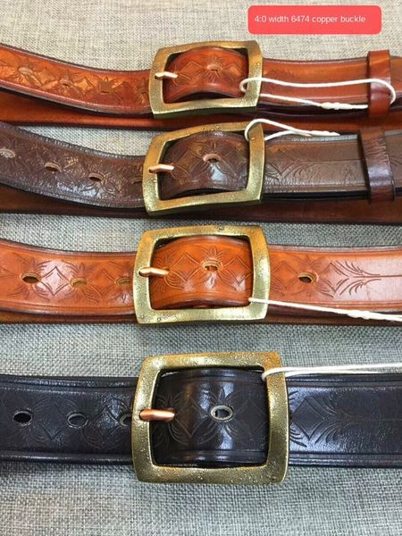 layer vegetable tanning leather belt 6474#4.0 wide copper buckle embossed tree cowhide layer cowhide belt, Black;brown 
layer vegetable tanning leather belt 6474#4.0 wide copper buckle embossed tree cowhide layer cowhide belt, Black;brown