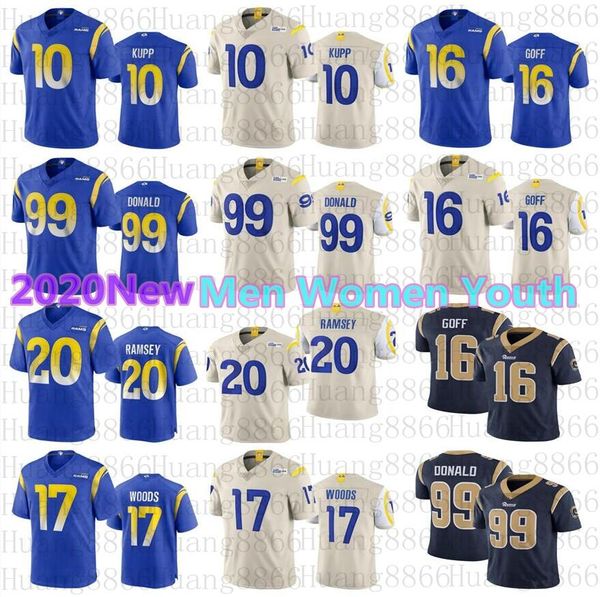 men women los angeles youth jersey 2020 new rams 99 aaron donald 16 jared goff 10 cooper kupp robert woods jalen ramsey jerseys, Black;red