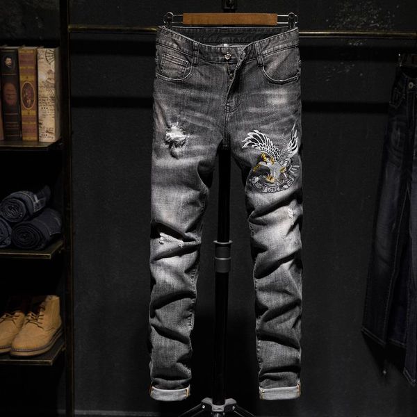 men's jeans men straight male distressed denim pants biker ripped winter, Blue
