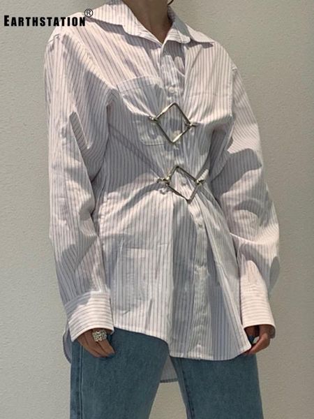 women's blouses & shirts access control metal buckle waist loose striped shirt ladies autumn fashion personality wild long sleeve top, White
women's blouses & shirts access control metal buckle waist loose striped shirt ladies autumn fashion personality wild long sleeve top, White