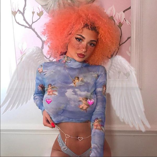 female designer t-shirt autumn and winter little angel print mesh short paragraph long-sleeved shirt women's t-shirt, White
female designer t-shirt autumn and winter little angel print mesh short paragraph long-sleeved shirt women's t-shirt, White