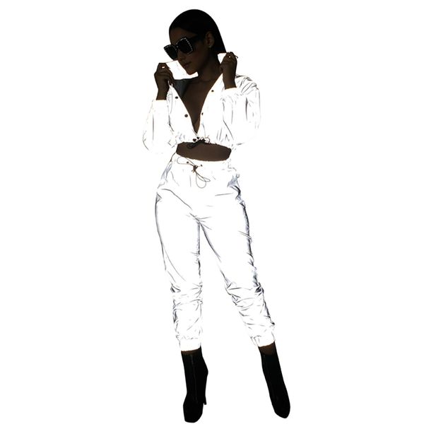 two piece dress women reflective tracksuit night version turn down collar long sleeve buttons crop + pants sets grnshts, White
two piece dress women reflective tracksuit night version turn down collar long sleeve buttons crop + pants sets grnshts, White