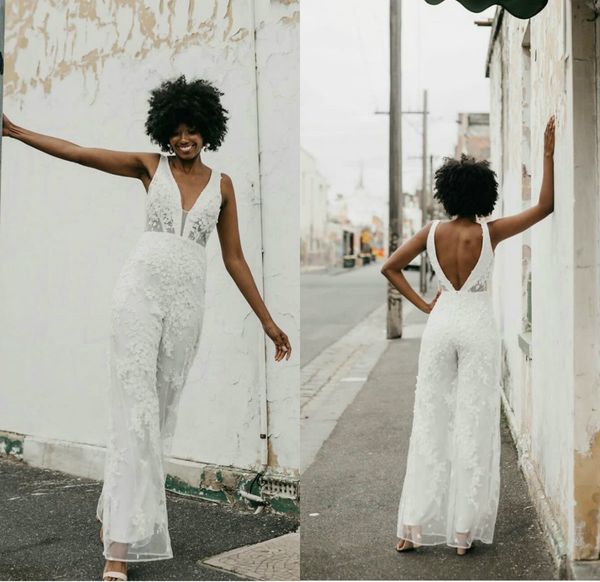 new boho jumpsuits wedding dresses illusion v neck lace appliques sleeveless backless birdal gowns ankle length vestidos de novia, White
new boho jumpsuits wedding dresses illusion v neck lace appliques sleeveless backless birdal gowns ankle length vestidos de novia, White