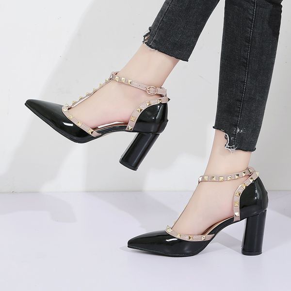 summer shoes high heels rivet pumps chunky heels sandal patent leather dress shoes white wedding shoes ladies, Black
summer shoes high heels rivet pumps chunky heels sandal patent leather dress shoes white wedding shoes ladies, Black