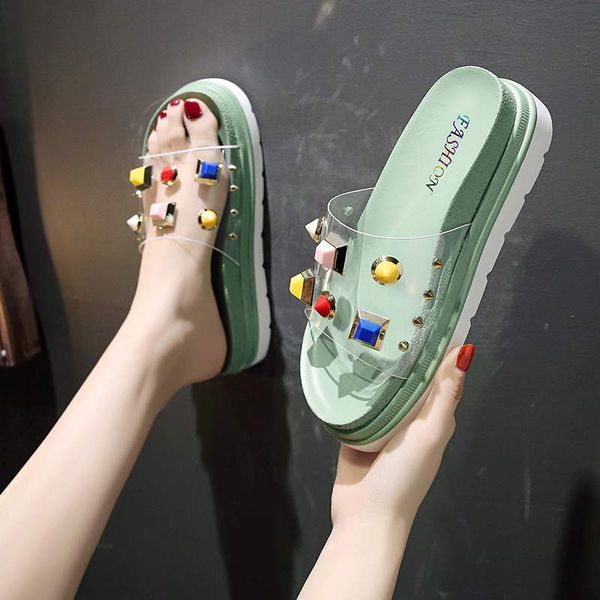 slippers summer 2021 women wear fairy style beach flip flop transparent rivet net red muffin thick bottom sandals, Black
slippers summer 2021 women wear fairy style beach flip flop transparent rivet net red muffin thick bottom sandals, Black