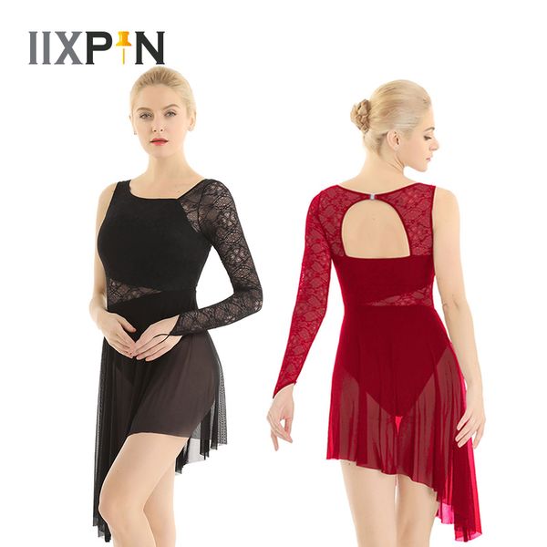 women lyrical modern contemporary ballet dance dress single long sleeve with fingertip lace bodice asymmetric leotard dress, Black;red
women lyrical modern contemporary ballet dance dress single long sleeve with fingertip lace bodice asymmetric leotard dress, Black;red