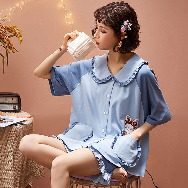 female cardigan cotton lapel pajamas home japanese and korean style style outdoor pajamas female home, Blue;red
female cardigan cotton lapel pajamas home japanese and korean style style outdoor pajamas female home, Blue;red