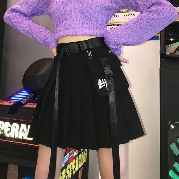 women fashion belted pocketed pleated skirts female casual high waist a line mini skirt ladies cool high street punk skirts, Black