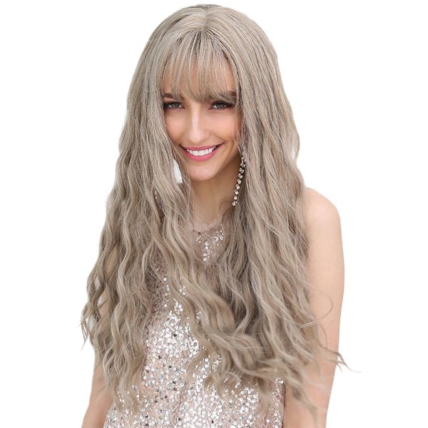 26\" light brown synthetic hair long wavy curly wig with neat bang for women, Black
26\" light brown synthetic hair long wavy curly wig with neat bang for women, Black