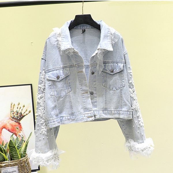 light blue denim coat women spring autumn 2020 new fashion lace flower embroidery loose short denim jacket female jeans coat, Black;brown
light blue denim coat women spring autumn 2020 new fashion lace flower embroidery loose short denim jacket female jeans coat, Black;brown