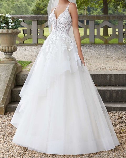 a-line wedding dresses spaghetti strap court train polyester sleeveless country plus size with ruffles lace insert appliques, White
a-line wedding dresses spaghetti strap court train polyester sleeveless country plus size with ruffles lace insert appliques, White